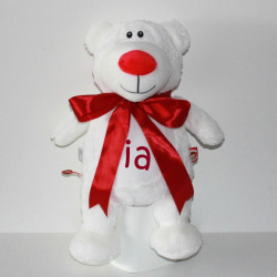 Hvid bamse med navn på
